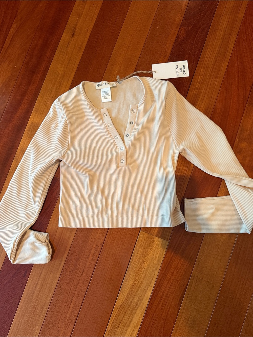 Ribbed Henley Long Sleeve Top - Cream